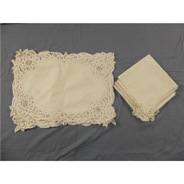 set of 7 Vintage Ecru Linen Tape Lace & Embroidered Placemat Set with