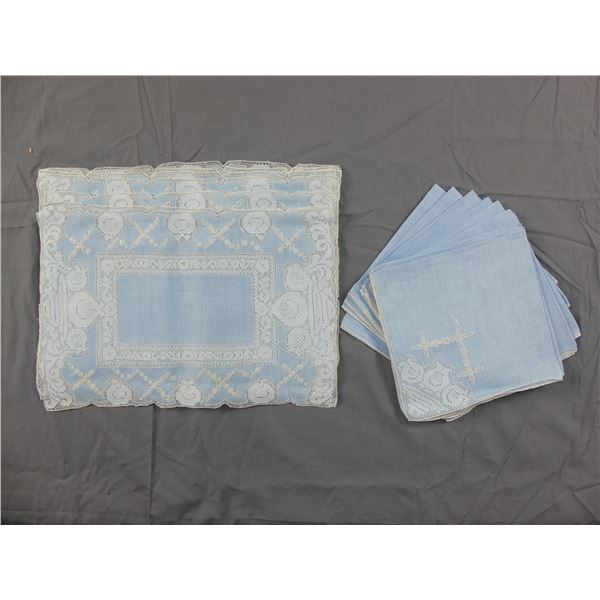 Set of 12 Vintage Blue Lace & Linen Placemats & Napkins