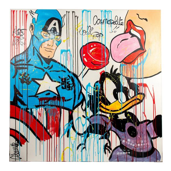 Clem$, Pop Art Mixed Media on Canvas, Captain America Signed