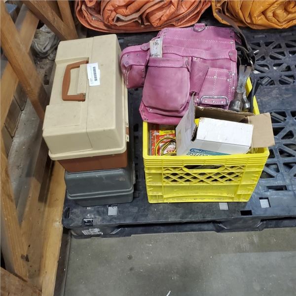 TWO TACKLE BOXES WITH CONTENTS AND CRATE OF ASSORTED TOOLS