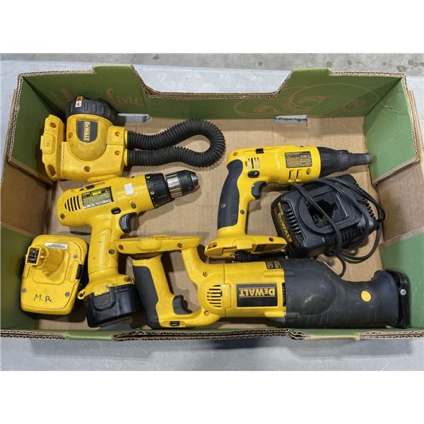 TRAY OF DEWALT POWER TOOLS, ONE BATTERY AND CHARGER, 18VOLT