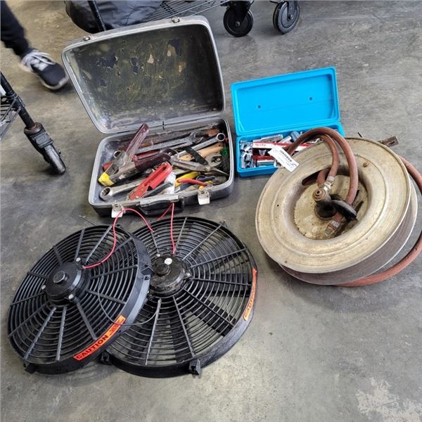 HOSE REEL, ASSORTED TOOLS, RAD FANS AND MORE