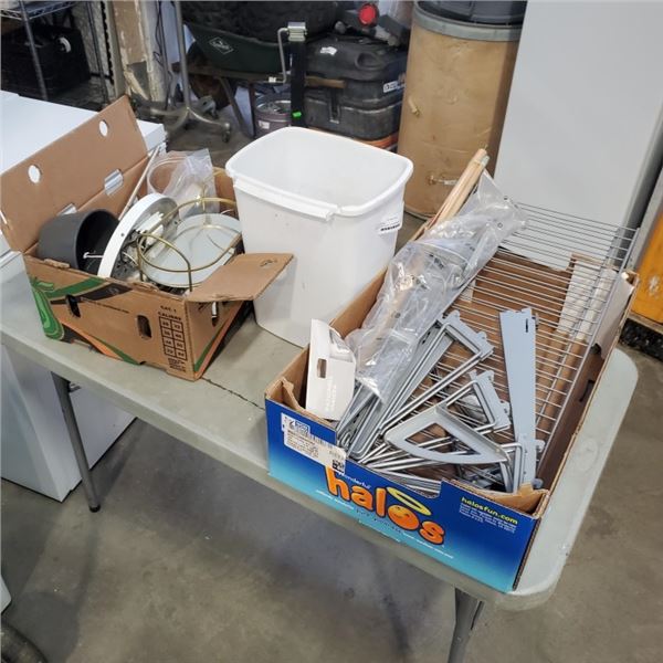 2 BOXES AND BUCKET OF HARDWARE METAL SHELVES AND MORE