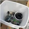 Image 3 : 2 BOXES AND BUCKET OF HARDWARE METAL SHELVES AND MORE