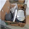 Image 4 : 2 BOXES AND BUCKET OF HARDWARE METAL SHELVES AND MORE