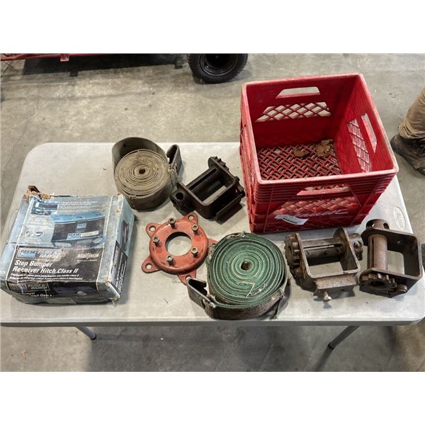 CRATE OF STRAPS AND REESE STEP BUMPER