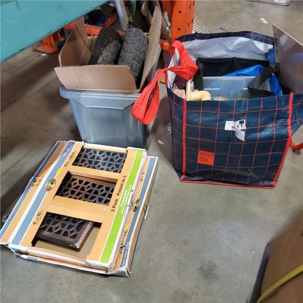 METAL FLOOR REGISTERS, PACKING TAPE, PAINT SPRAYER, PLASTIC BINS AND MORE