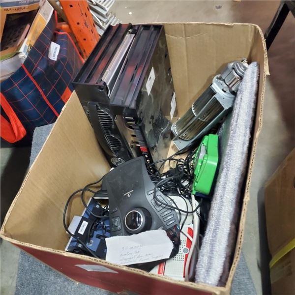 BOX OF ELECTRONICS, HEATING PAD, NEW FAN AND 2 FIRMWARE POWER SUPPLIES