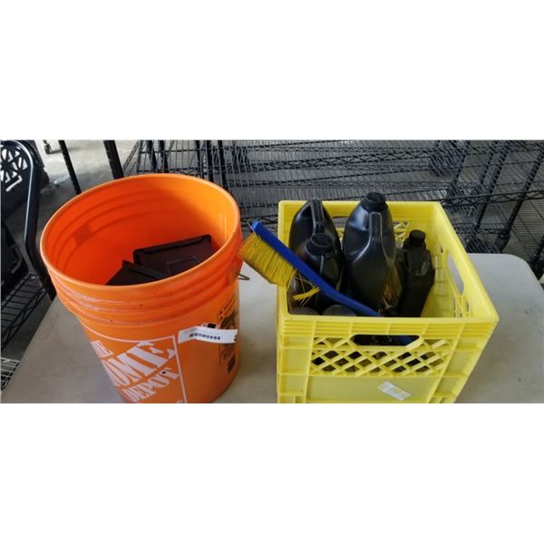 CRATE WITH ANTIFREEZE AND TWO BUCKETS WITH FASTENERS AND PARTS BINS