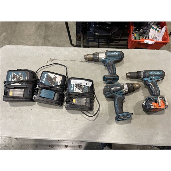 3 CORDLESS MAKITA POWER TOOLS AND 3 MAKTIA 18 VOLT CHARGERS