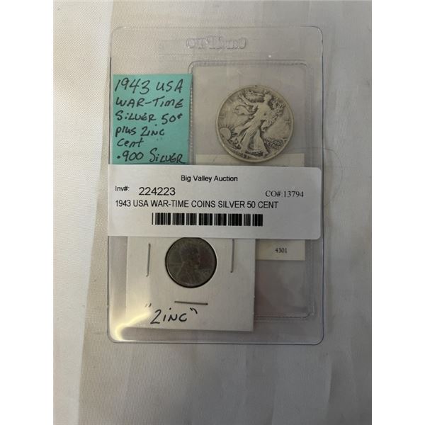 1943 USA WAR-TIME COINS SILVER 50 CENT WALKING LIBERTY PLUS 1 CENT ZINC .900 SILVER