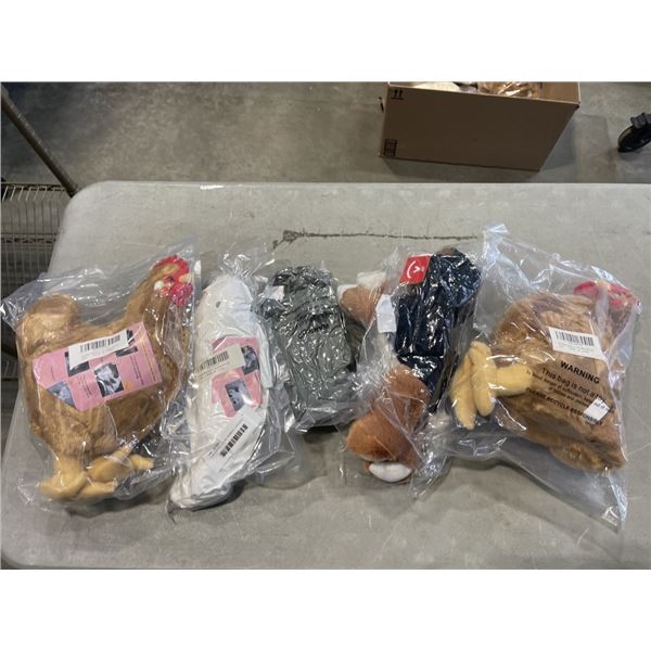 5 ASSORTED PLUSH ANIMALS, CHICKEN, BELUGA AND MORE