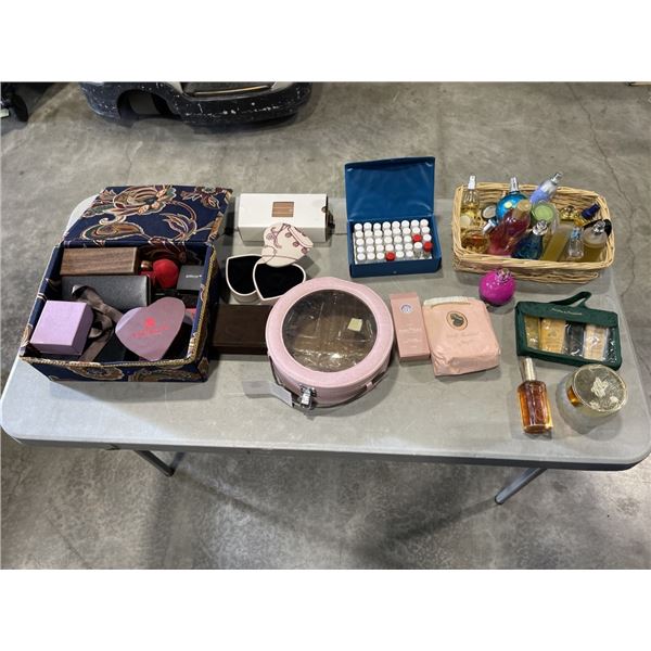 ASSORTED FRAGRANCES, BLUE CASE WITH MINI PERFUMES, AND VARIETY OF VANITY AND JEWELLERY BOXES