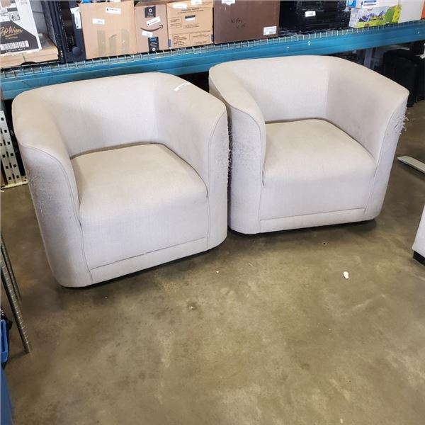 PAIR OF GREY FABRIC SWIVEL TUB CHAIRS, CAT TORN ON CORNER, NO STAINS