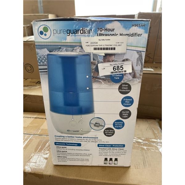 PURE GUARDIAN 70HR ULTRASONIC COOL MIST HUMIDIFIER - TESTED WORKING, RETAIL $69