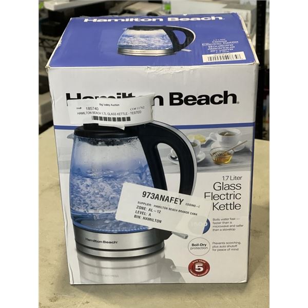 HAMILTON BEACH 1.7L GLASS KETTLE - TESTED WORKING