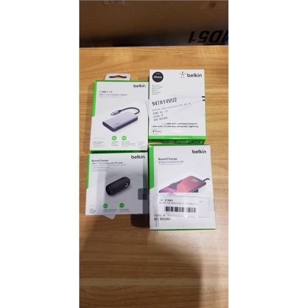 BELKIN 10W WIRELESS CHARGING PAD, USB-C 4 IN 1 MULTIPORT ADAPTER, AUDIO TO LIGHTNING CABLE AND 30W U