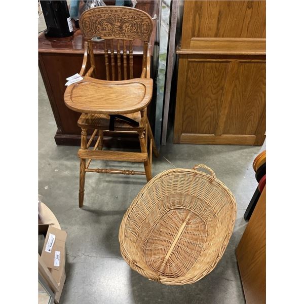 OAK HIGHCHAIR AND WICKER BASKET