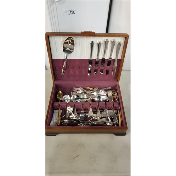 ASSORTED CUTLERY IN CANTEEN INCLUDING BIRKS STERLING KNIVES AND ROGERS TRIVET