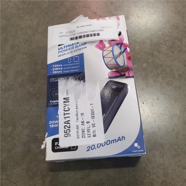 ENERGIZER FAST CHARGING POWER BANK, 20,000MAH