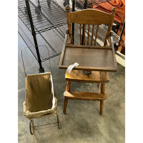 VINTAGE DOLL PRAM AND HIGH CHAIR