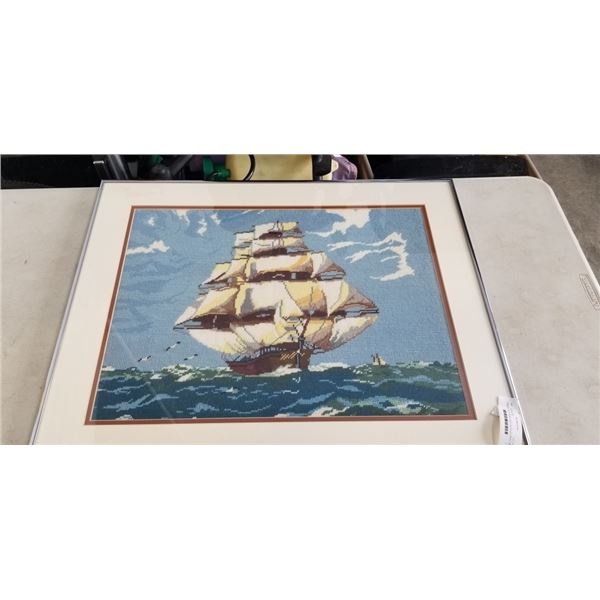 FRAMED PETIT POINT SHIP