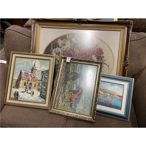 SMALL PAINTING AND THREE FRAMED NEEDLEPOINTS