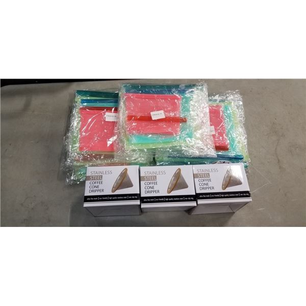 SILICONE FOOD STORAGE BAGS, 10 PACKAGES AND 3 STAINLESS STEEL COFFEE CONE DRIPPERS