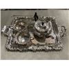 Image 1 : SILVER PLATE TEA TRAY WITH TEA POT AND LARGE CREAM AND SUGAR SET
