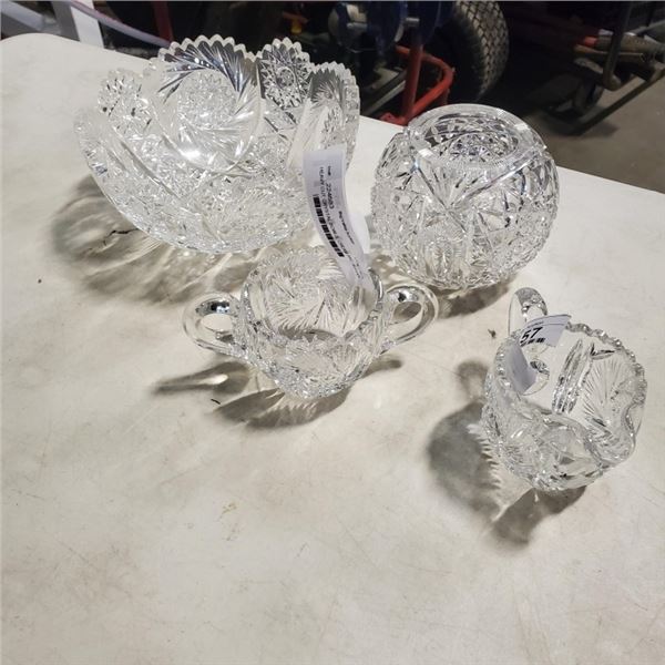 HEAVY CUT CRYSTAL BOWLS, CREAM AND SUGAR ETC