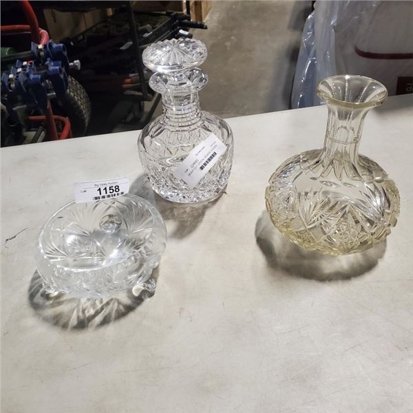 HEAVY CUT CRYSTAL DECANTER, FOOTED DISH AND VASE