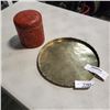 Image 1 : BRASS SERVING TRAY AND WOOD OVERLAY LIDDED JAR