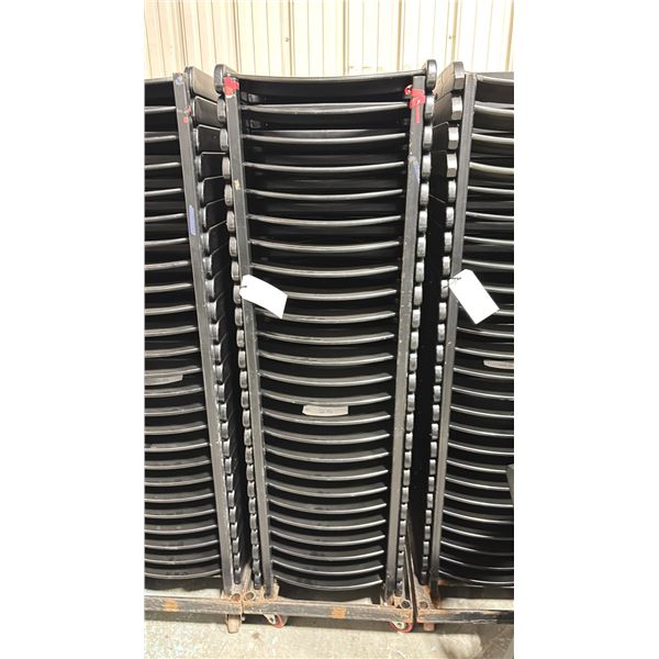 STACK OF 25 BLACK PLASTIC FOLDING EVENT CHAIRS ON MOBILE CHAIR CART * CART INCLUDED *