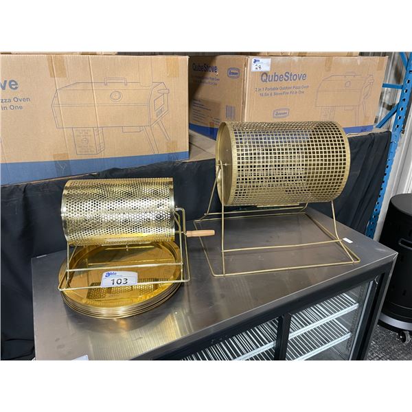 2 COMMERCIAL EVENT DRAW TUMBLERS & STACK OF GOLD COLOR SERVING TRAYS