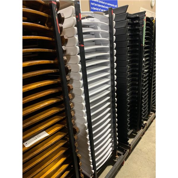 STACK OF 24 WHITE PLASTIC FOLDING EVENT CHAIRS ON MOBILE CHAIR CART *CART INCLUDED*