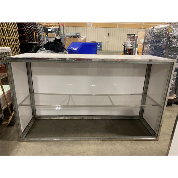 CHROME FRAMED 72"W X 22"D X 42"WHITE PLASTIC COMMERCIAL 2 TIER EVENT PODIUM