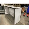 Image 2 : CHROME FRAMED 72"W X 22"D X 42"WHITE PLASTIC COMMERCIAL 2 TIER EVENT PODIUM