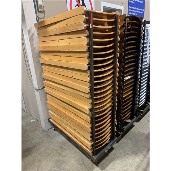 STACK OF 27 NATURAL WOOD FOLDING EVENT CHAIRS ON MOBILE CHAIR CART *CART INCLUDED*