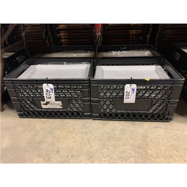 4 PLASTIC CRATES OF 17"W WHITE RECTANGLE COMMERCIAL RESTAURANT SERVING PLATES