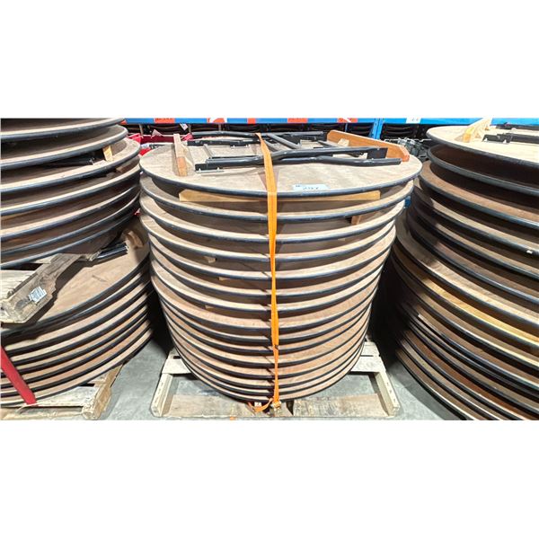 STACK OF 15-  5' WOODEN ROUND COMMERCIAL FOLDING BANQUET TABLES *MUST TAKE ALL*