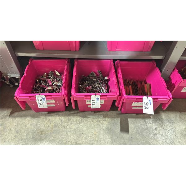 BIN OF SMALL SERVING TONGS, GOLD STAINLESS STEEL FLAT ENDED KNIVES & CURL HANDLED STAINLESS STEEL