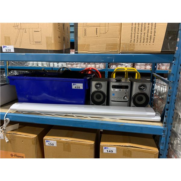 SONY 5 DISC STEREO SYSTEM W/REMOTE, 2- 4' MOUNTING LIGHT BARS, LOREX 1080P HD RECORDER, BIN OF