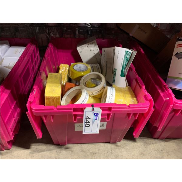 BIN OF ASSORTED NAPKINS, ROLLS OF YELLOW INDUSTRIAL TAPE & ASSORTED BOXES OF NITRILE GLOVES