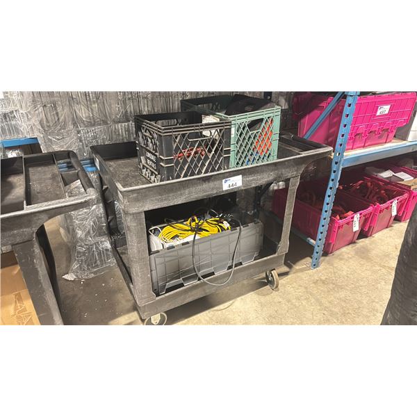 ULINE BLACK PLASTIC 2 TIER PRODUCT CART W/ 3 CRATES OF MISC TOOLS *CRATES INCLUDED*