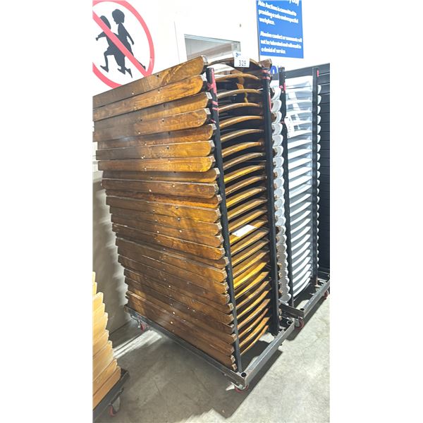 STACK OF 25 DARK WOOD FOLDING EVENT CHAIRS ON MOBILE CHAIR CART *CART INCLUDED*