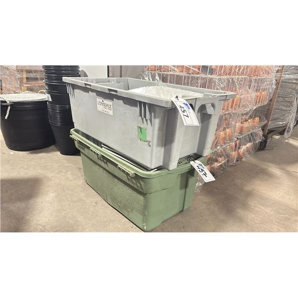 2 BINS OF LARGE WHITE GLASS 14  X 14  SERVING PLATES & 21  X 13  PLASTIC SERVING PLATTERS