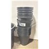 Image 3 : BIN OF WHITE ROUND 15.5" GLASS SERVING PLATES, STACK OF BLACK PLASTIC EVENT FLORAL POTS & 3 EXTRA