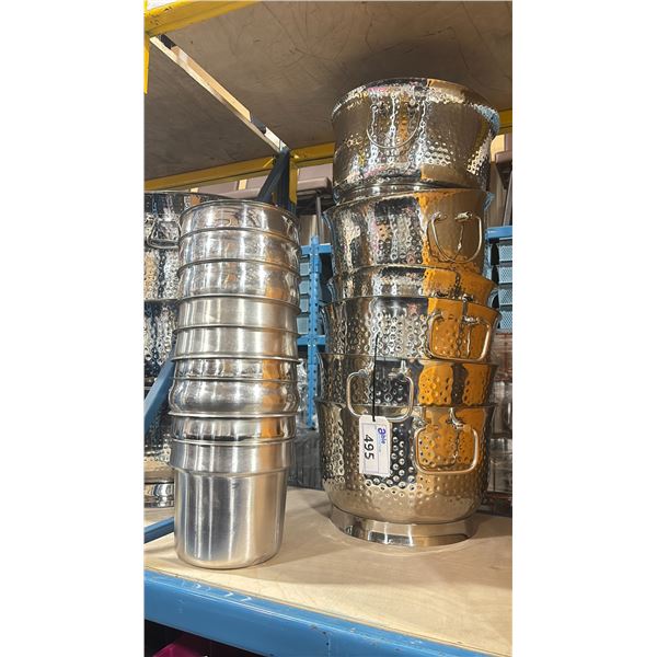 6- LARGE HAMMERED STAINLESS STEEL DOUBLE WALL ICE MERCHANDISERS & 9