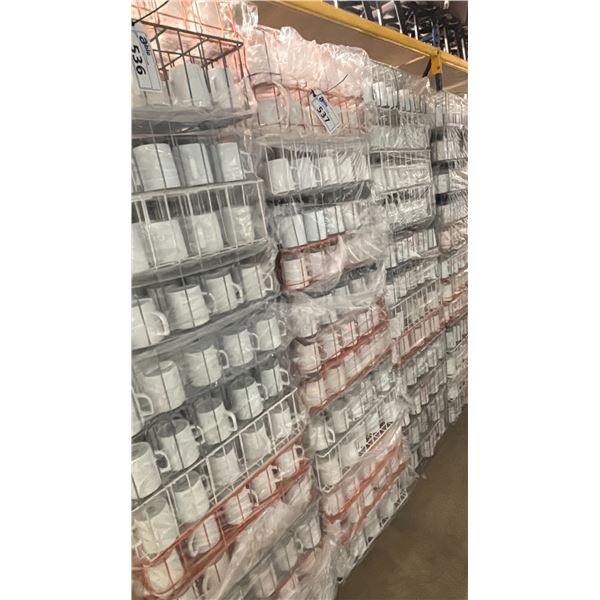 STACK OF 13 COMMERCIAL RESTAURANT TRAYS OF WHITE COFFEE MUGS *TRAYS INCLUDED*