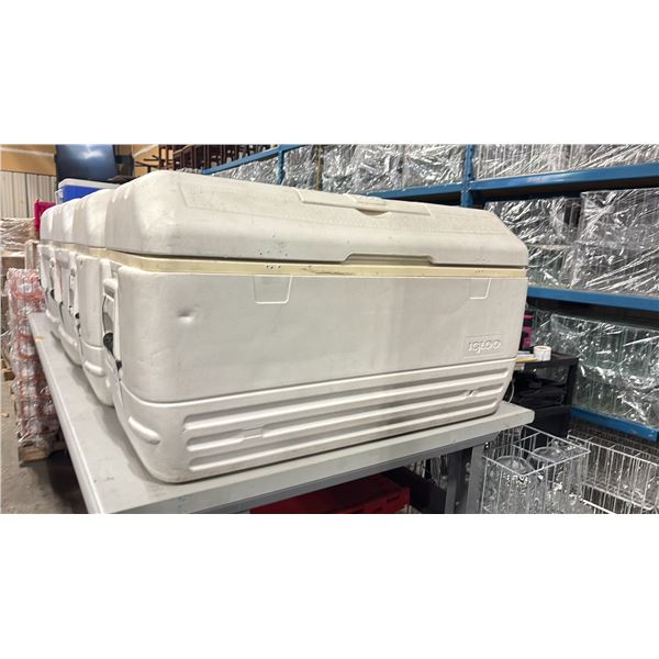 LARGE WHITE 40"L IGLOO INSULATED COOLER W/ MULTIPLE COFFEE CARAFES INSIDE